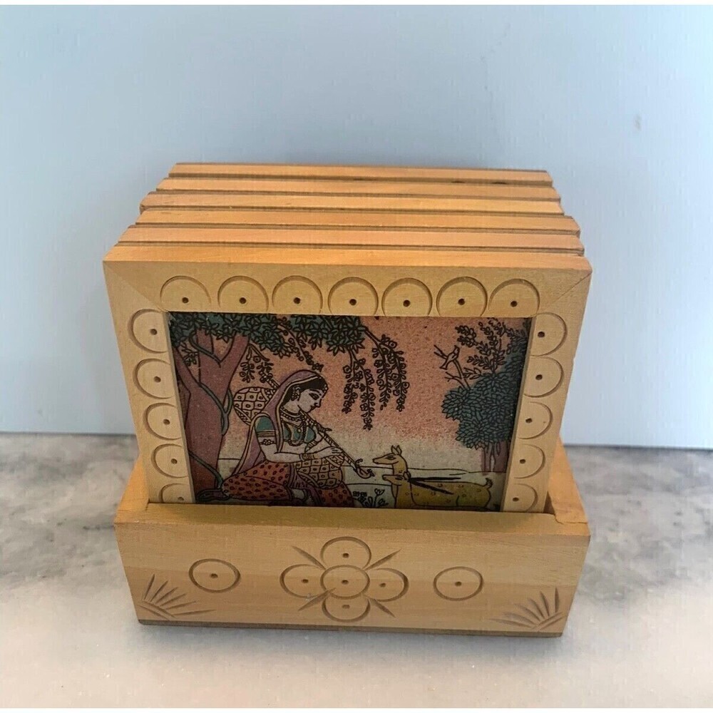 Vintage Indian Goddess Set of 6 Square Wood Coasters w/Storage Case Folk Art